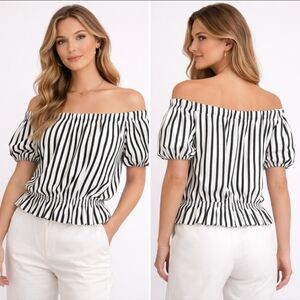 H&M Black White Striped Off Shoulder Puff Sleeve Blouse Size S Classic Chic